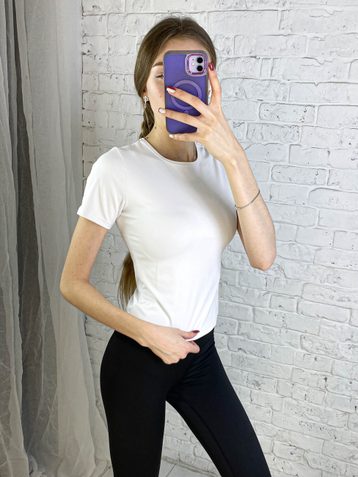 0019-102 белая женския спортивная футболка (JELEEY,  бифлекс, микродайвинг, 2ед, размери норма: M/L. L/XL) - фото 4