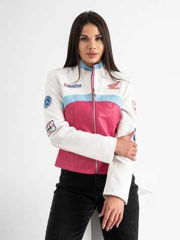 AOLONG БЕЛО-РОЗОВАЯ куртка женская "Formula 1 street racing" из экокожи (5 ед. размеры: S.M.L.XL.2XL) - фото 3