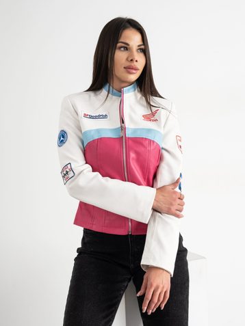 AOLONG БЕЛО-РОЗОВАЯ куртка женская "Formula 1 street racing" из экокожи (5 ед. размеры: S.M.L.XL.2XL) - фото 2