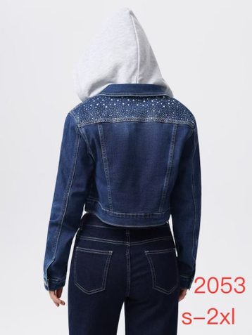 2053# синяя женская джинсовая куртка с камнями (стрейч-коттон, 6 ед, размеры норма: S-2XL) выдача на следующий день - фото 3