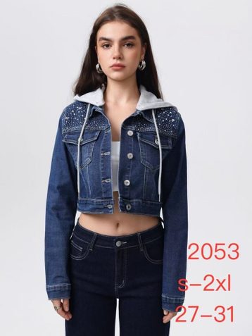 2053# синяя женская джинсовая куртка с камнями (стрейч-коттон, 6 ед, размеры норма: S-2XL) выдача на следующий день - фото 2