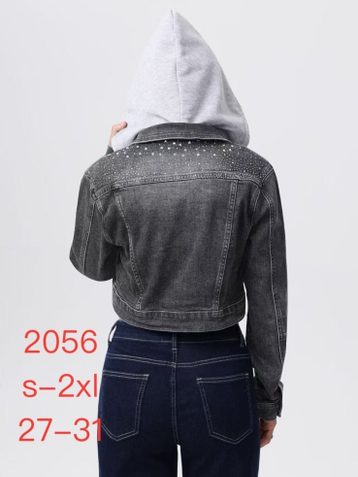 2056# серая женская джинсовая куртка с камнями (стрейч-коттон, 6 ед, размеры норма: S-2XL) выдача на следующий день - фото 3