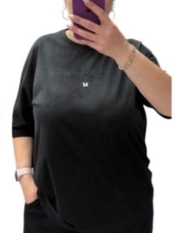 25107# черная  женская футболка oversize (95% коттон, 6 ед, размеры полубатал: 46-52, 52-58) выдача на следующий день - фото 2