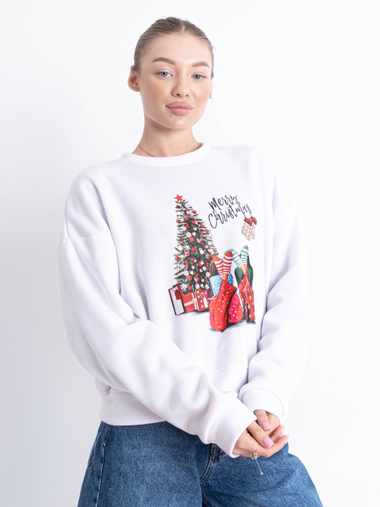 белый женский новогодний свитшот (YOLA, флис, 4 ед. размеры норма: S-M. S-M. L-XL. L-XL)