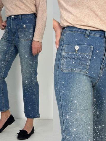 голубые женские джинсы с камнями (New Jeans, укороченые, стрейчевые, 6 ед, размеры норма: 25. 26. 27. 28. 29. 30 ) - фото 2