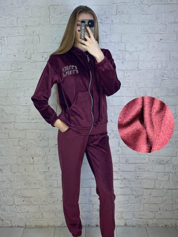 8276-5 бордовый женский спортивный костюм на меху (велюр, с капюшоном, 4 ед, размеры на бирках 48, 50, 52, 54, соответствуют норме: 42, 44, 46, 48) - фото 2